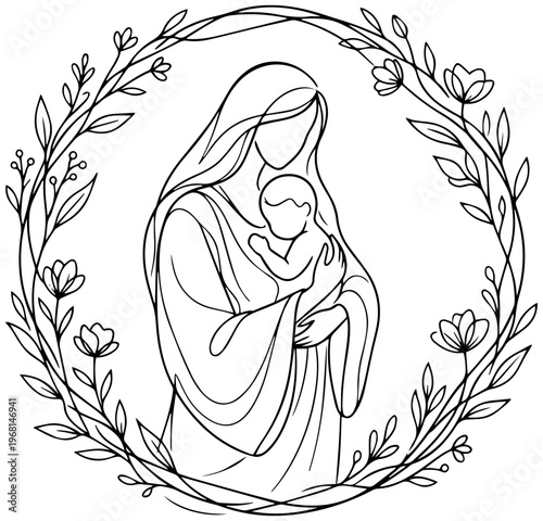 Mother tenderly holding baby in floral wreath illustration