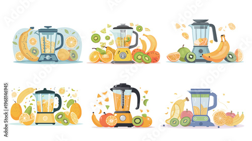 Kitchen countertop blender surrounded by cut fruits including mango, colorful healthy smoothie vector illustration isolated on white background