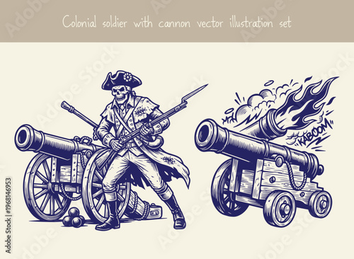 Colonial soldier with cannon vector illustration set, skeleton in historical uniform, holding rifle, artillery weapon, war scene, vintage style, monochrome.