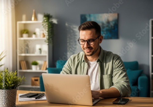 Man working on a laptop in a home office