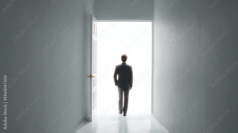 Fototapeta premium Businessman Walking Toward Bright Doorway Symbolizing Opportunity and Future