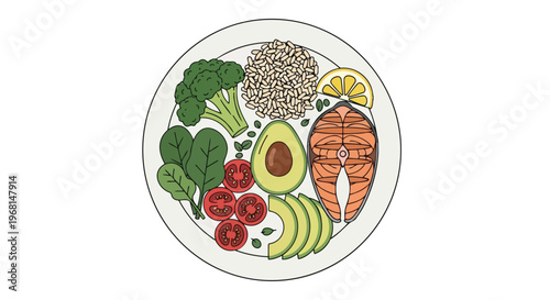 Balanced culinary illustration showcasing a nutritious meal with succulent salmon, creamy avocado, crisp broccoli florets, fresh spinach, ripe