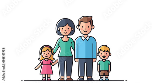 A cheerful, modern vector illustration portraying a happy nuclear family; parents and their two children stand united.