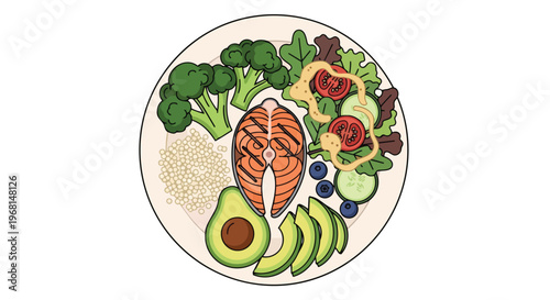A detailed and appealing illustration showcasing a perfectly balanced and visually rich healthy meal, ideal for promoting nutritional well-being and