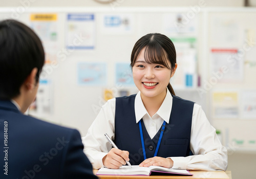 メモを取りながらお客様の相談に乗る女性スタッフ