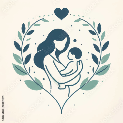 Mother and Baby Vintage Illustration within Heart Wreath. Hand-Drawn Design Symbolizing Maternal Love, Care, and the Motherhood Bond.