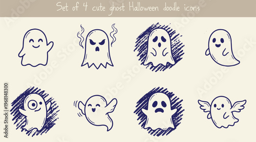 Set of four cute cartoon ghost Halloween doodle icons isolated on beige background with hand drawn sketch style and playful ghost characters for spooky holiday decoration.