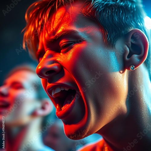 Macro lens reveals shimmering sweat droplets on performers' ecstatic faces, a blur of vintage hues under stage glow, performance,  immersive