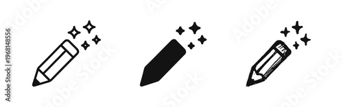 Magic Pencil with Sparkles Icon Set. Creative writing tool symbol for artistic design and imagination.