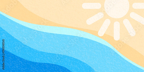 Summer sea, sun beach background. Abstract tropic vector illustration with textured waves, sandy shore and yellow sun. Minimal tropic landscape for vacation banner, travel poster
