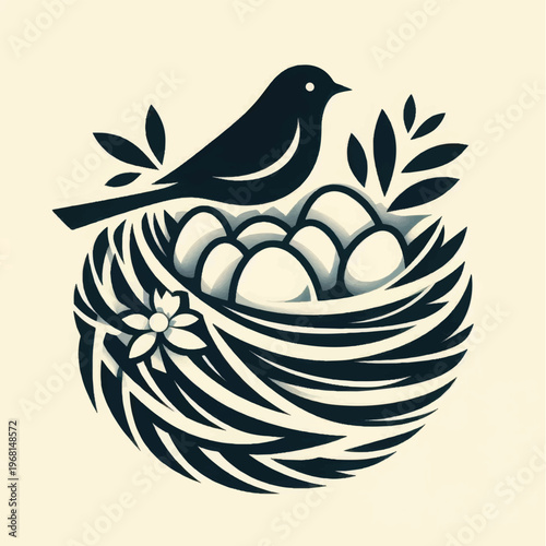 Woodcut Style Bird on Nest with Eggs. Vintage Monochrome Nature Illustration.