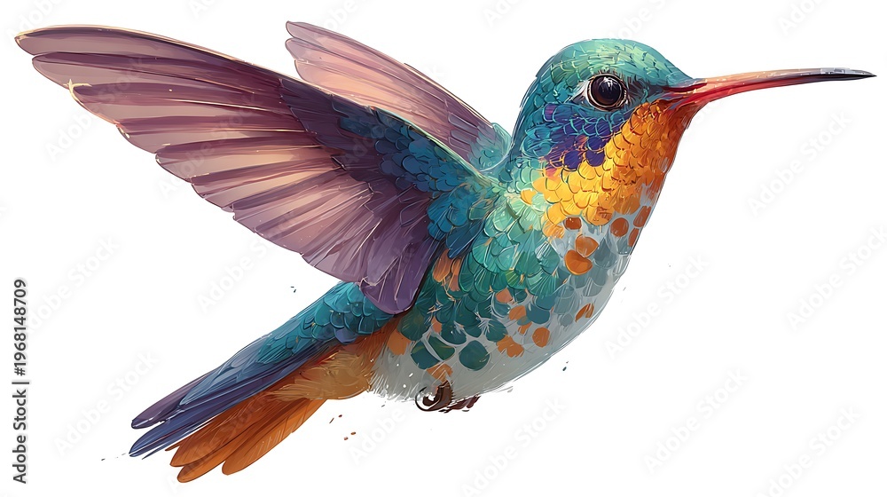 Naklejka premium Colorful hummingbird in flight with spread wings flying vibrant