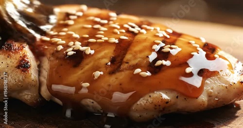 grilled chicken breast with sauce.