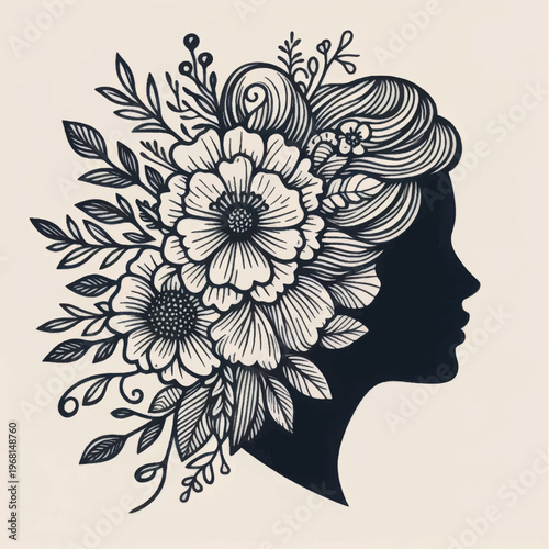 Elegant Woman Silhouette with Intricate Floral Hair Adornment. Vintage Hand Drawn Line Art Illustration.