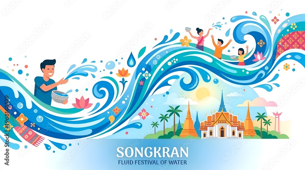 Obraz premium Songkran Festival in Thailand with Water Splashing and Traditional Temples.