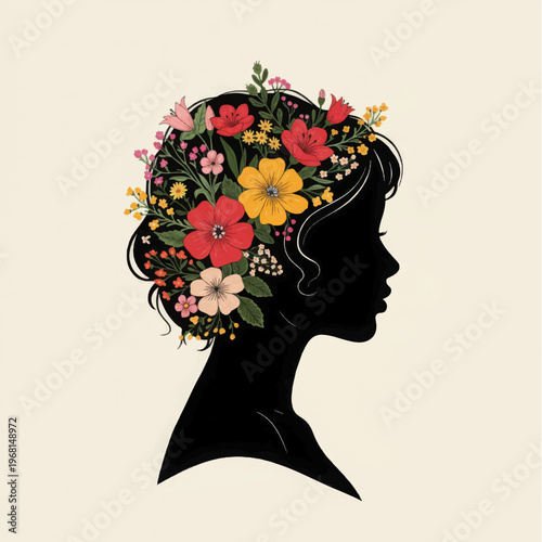 Vintage Woman Silhouette Profile with Vibrant Botanical Flowers. Black Female Head Illustration Representing Nature, Beauty, and Growth.