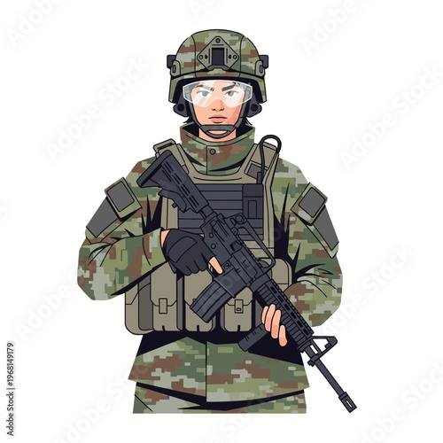 Female Soldier in Camouflage Holding Rifle for Army Day Celebration on White Background Illustration