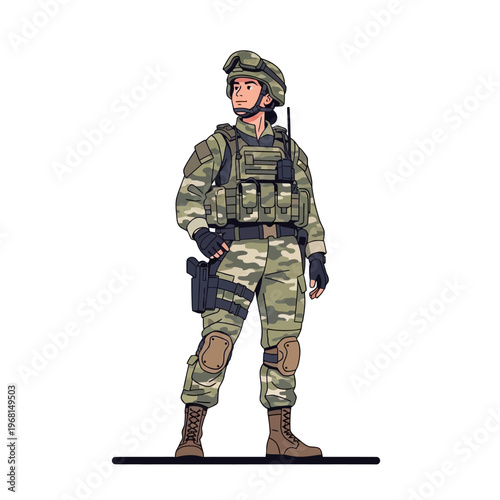 Proud Female Soldier Standing in Full Tactical Camouflage Gear on White Background Vector Illustration