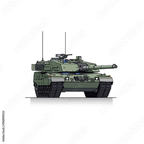 Modern military main battle tank standing ready on white background in flat vector illustration style.