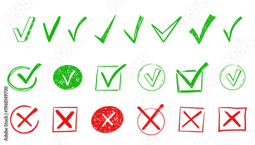 Check mark crayon scribble doodle, chalk texture, checkmark and red cross icon set, circle and square. Tick symbol. sketch checkboxes.