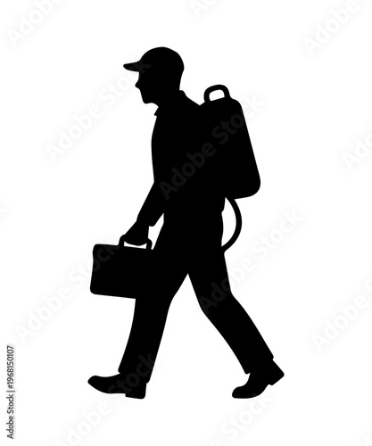 Pest control worker walking carrying backpack sprayer and briefcase