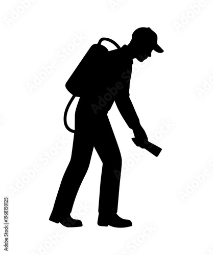 Pest control worker spraying, fumigating bugs silhouette