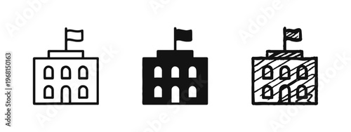 Government Building with Flag Icon Set - Official Institution and Public Office Administration Concept