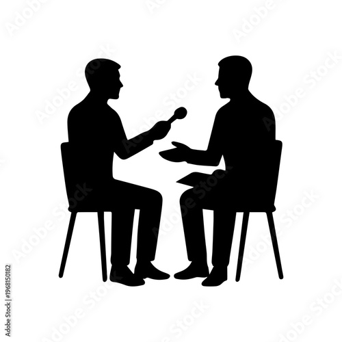 Man interviewing man with microphone for news podcast silhouette