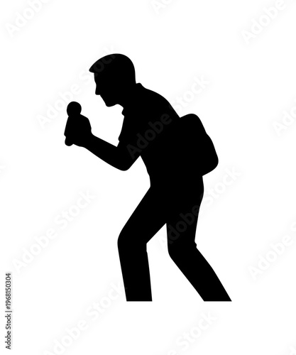 Man silhouette interviewing with microphone for news podcast