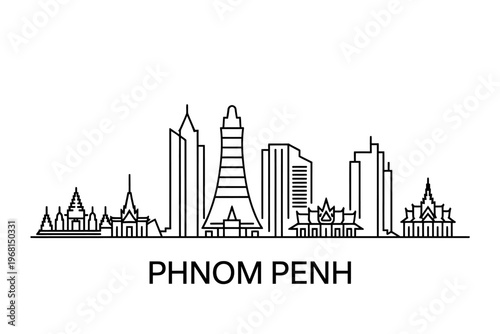 Black and White Skyline Illustration Featuring Phnom Penh Cityscape With Temples