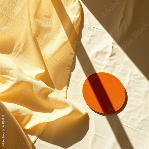 Sun-drenched linen textures meet abstract ochre shapes, casting playful shadows from a tilted viewpoint,  countryside,  flat lay