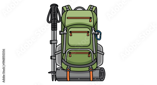 Detailed illustration of a robust green hiking backpack equipped for outdoor adventures, featuring a trekking pole and rolled sleeping pad, ready
