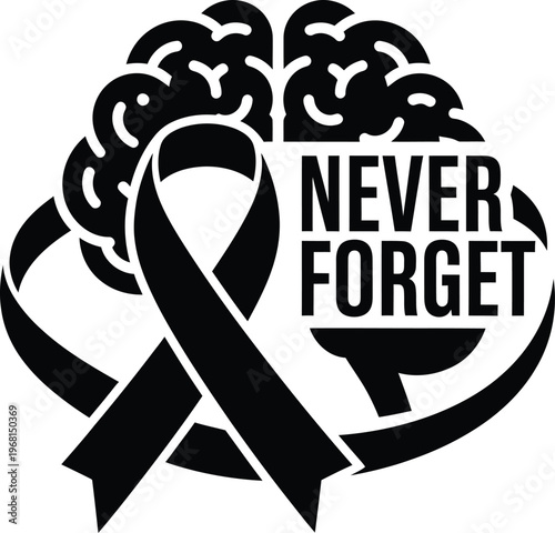 Black awareness ribbon with brain and never forget text symbolizing support and remembrance.