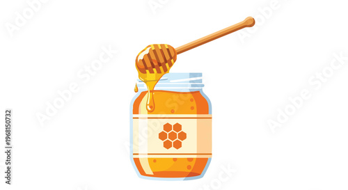 Natural liquid gold, rich and sweet, beautifully captured as it gently drips from a rustic wooden dipper into a clear glass jar with a distinctive