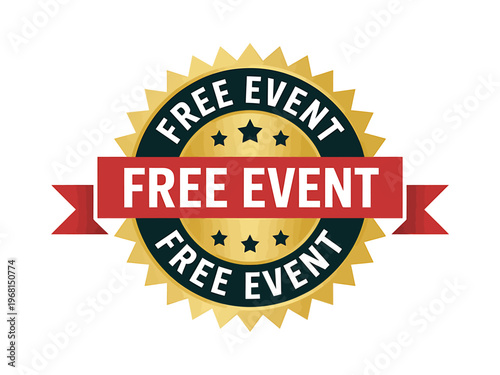 Free event gold seal with red banner and white text on white background