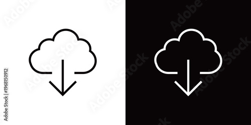 クラウドからダウンロードするコンセプトのラインアイコン。モノクロベクターイラスト