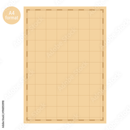Blank vintage map grid template with dashed nautical border. A4 Format vector map illustration for custom fantasy world maps, tactical battle grids, ancient treasure maps