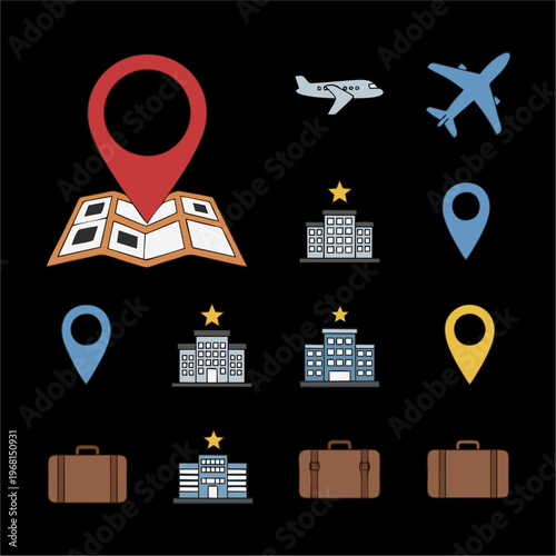 Travel and navigation icons set with map, airplanes, hotels, and location pins.