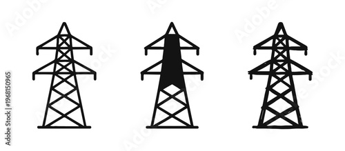 Electricity Pylon and Transmission Tower Icon Set, High Voltage Power Line Symbol Graphics