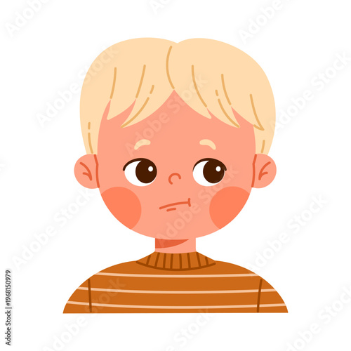 Сute blond boy character showing uncertainty, hesitation or thinking mood. Emotional facial expression concept. Сhild avatar with positive emotion. Isolated vector illustration in cartoon style