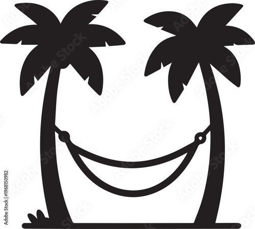 Tropical scene silhouette, featuring two palm trees and a hammock for ultimate relaxation and leisure. Evokes tranquility and the joy of a perfect getaway. 