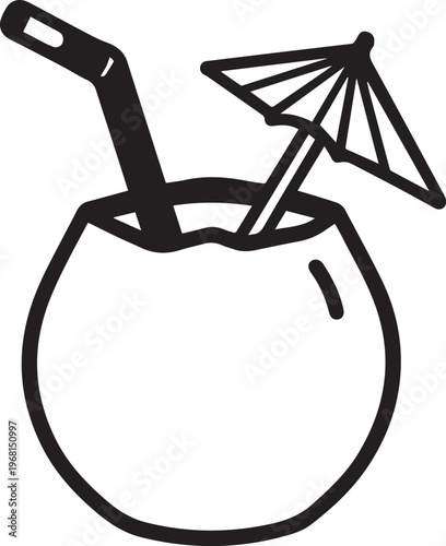 A refreshing coconut cocktail, adorned with an umbrella, invites you to savor a taste of the tropics and relaxation.