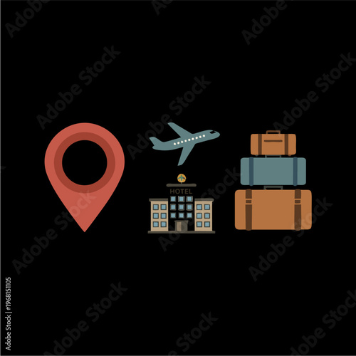 Travel and tourism concept with location pin airplane hotel and luggage.