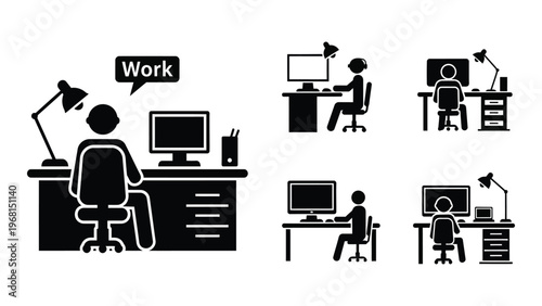 A series of black silhouettes depicting people working at desks with computers and office equipment silhouette high quality professional detailed modern