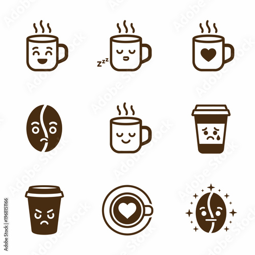 Coffee Cups and Beans Emotions Faces.