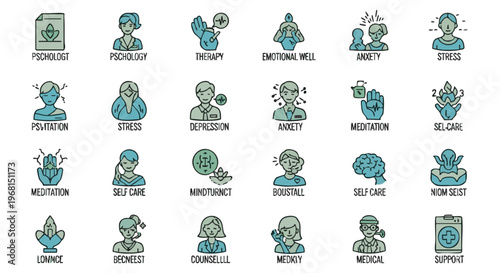 Flat set of mental health symbols and activities psychology therapy emotional wellbeing