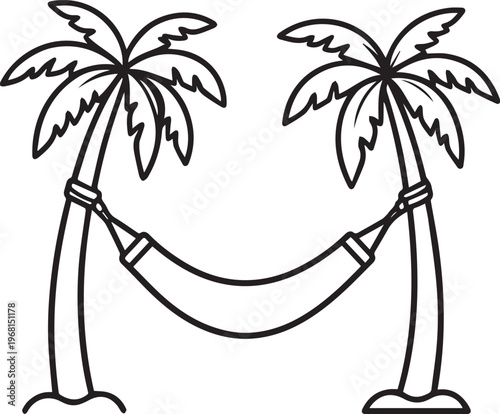 A tranquil tropical scene, a hammock strung between two palm trees, evoking relaxation and leisure.