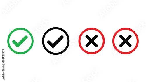 Four circular icons displaying check and cross marks in varied colors representing positive and negative feedback silhouette high quality professional detailed