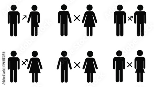 A collection of simple black stick figure icons depicting people with crossed arms and x marks silhouette high quality professional detailed