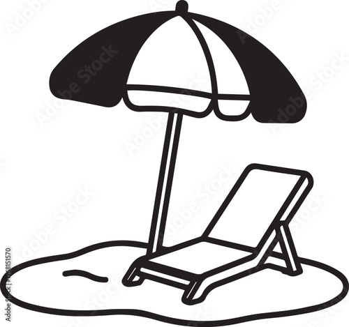 Beach chair under a beach umbrella on the sand, symbol of relaxation. A scene evokes thoughts of relaxation, a perfect retreat from the sun. 